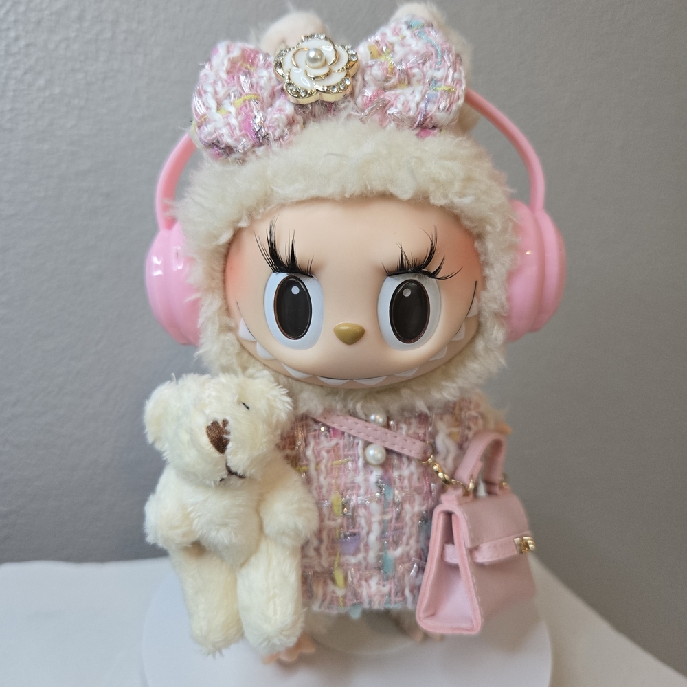 Dress Outfit For Labubu With Pink Headphones, Purse, Bear
